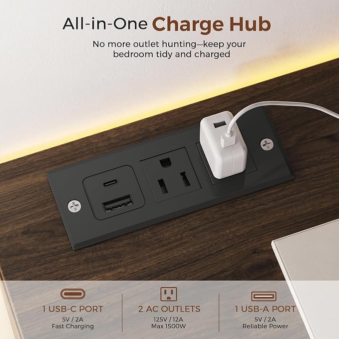 6 Drawer Dresser with LED Lights and Charging Station, Modern Brown Dresser | RGB Lights with App and Remote Control, Music Sync Mode, 6 Spacious Drawers and Durable MDF Storage for Bedrooms or Closets