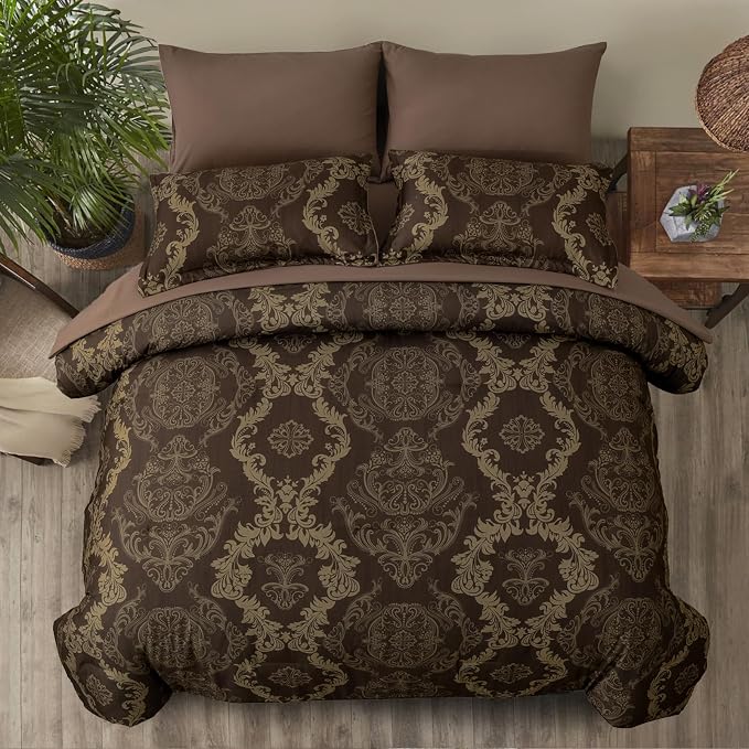 WONGS BEDDING Damask Comforter Set Queen Size, Coffee Gold Texture Design 7 Pcs Bed in a Bag Microfiber Comforter Bedding Sets -1 Comforter, 1 Flat Sheet, 1 Fitted Sheet, 2 Pillow Shams, 2 Pillowcases