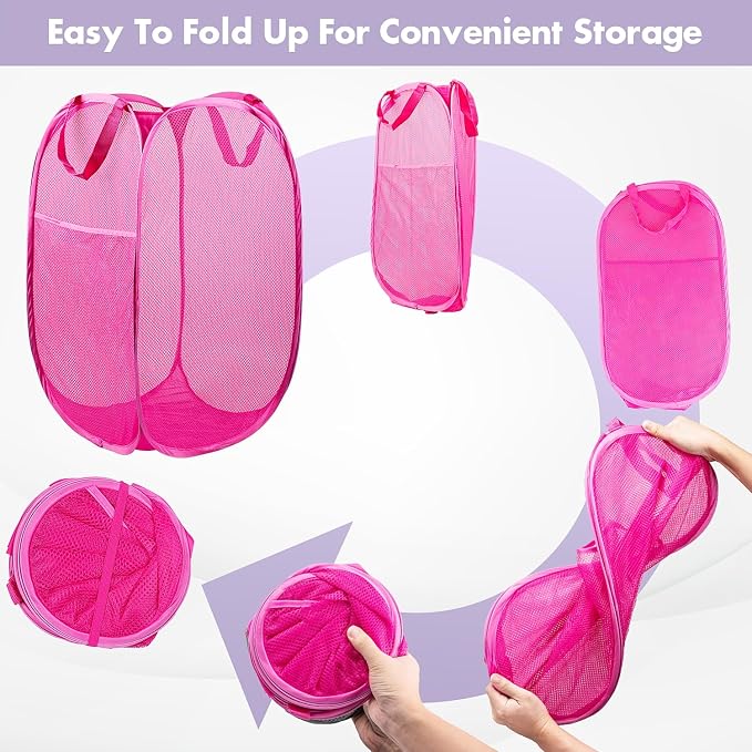 2 Pack Pop Up Laundry Hampers, 70 L Collapsible Foldable Mesh Basket, Pink | Reinforced handles, breathable fabric, foldable, portable for dorm college travel camping cruise, dirty clothes, toys storage