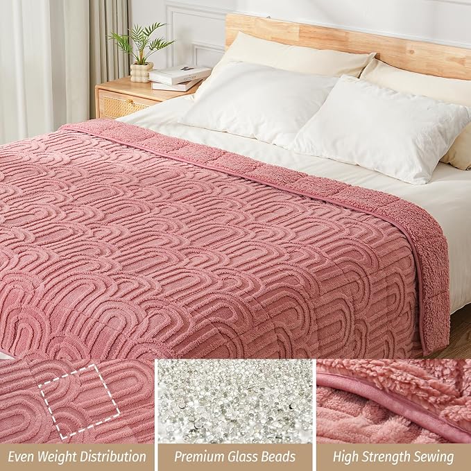 Fleece Weighted Blanket 15 lbs, Queen Size 60" x 80" Apricot Pink | Sherpa Heavy Blankets, Adults Jacquard Knitted Throw for Better Sleep and Relaxing, Comfort Fluffy Cozy Warm Chunky Soft