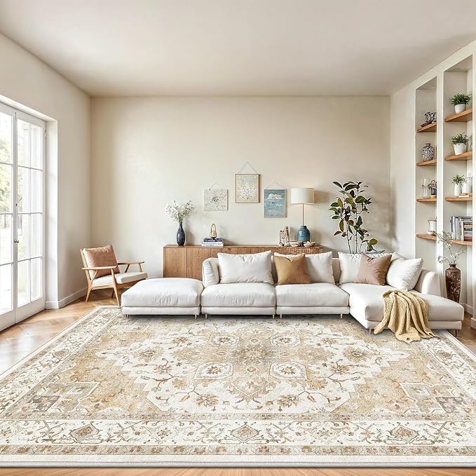 Amada Large 10x14 Washable Area Rug for Living Room, Beige, Boho Vintage | Machine Washable, Low-Profile Pile, Soft Texture, Stain-Resistant Surface, OEKO-TEX Certified, Non-Slip Backing, for Bedroom
