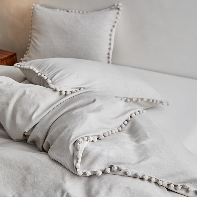 Simple&Opulence French Linen Blended Duvet Cover King, Flax Viscose Derived from Bamboo Bedding Set with Pom Pom Trim Soft Cooling for Hot Sleepers, 1 Boho Comforter Cover and 2 Pillow Shams, Linen