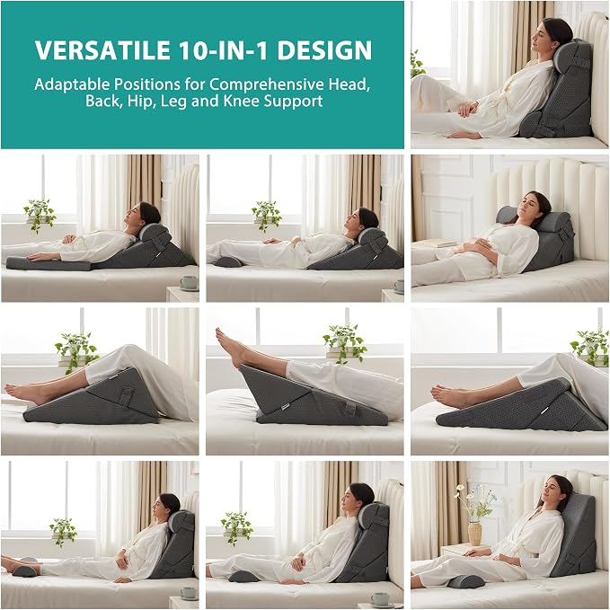 Adjustable 4pcs Bed Wedge Pillow Set, Memory Foam Wedge Pillow Post Surgery for Back, Neck, Leg Pain Relief, Pillow Wedge for Sleeping, Sitting up in Bed, Acid Reflux and GERD, Dark Grey