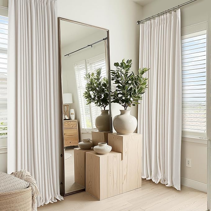 RYB HOME Linen Blackout Curtains 96 inches Long, 100% Blackout Noise Reducing Thermal Insulated Natural Textured Curtains for Farmhouse Dining Room, Cream White, 40" W x L96 L, 2 Panels Set