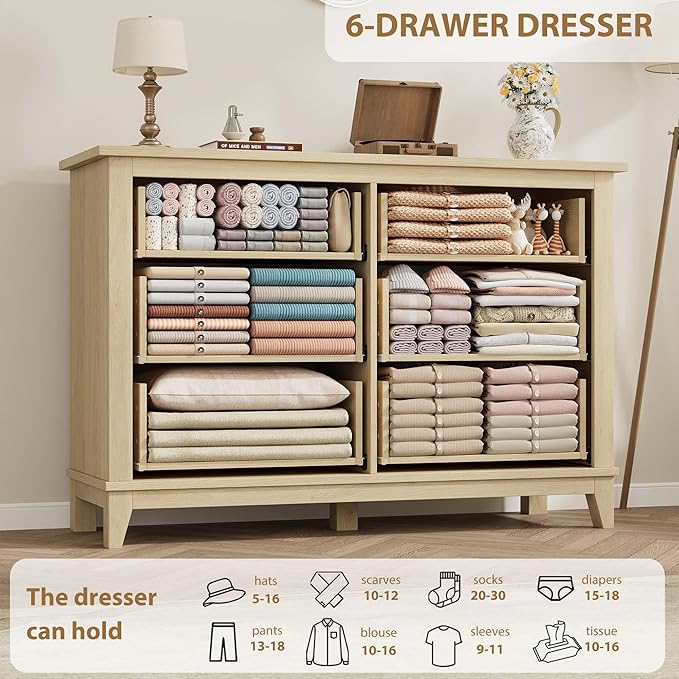GarveeHome 6 Dresser for Bedroom, 47 in Wide Drawer Dresser with Storage Freestanding, Wooden Closet Storage Chest for Living Room, Bedroom, Entryway, Natural Oak