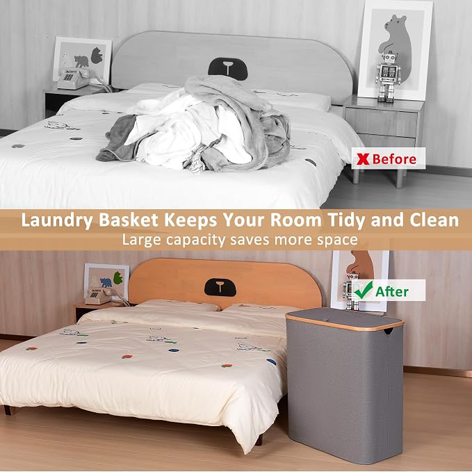IEGrow Laundry Hamper with Lid,160L Laundry Basket with 3 Mesh Bags,Grey | Dirty Clothes Hamper Basket with Bamboo Handle for Clothes Towels
