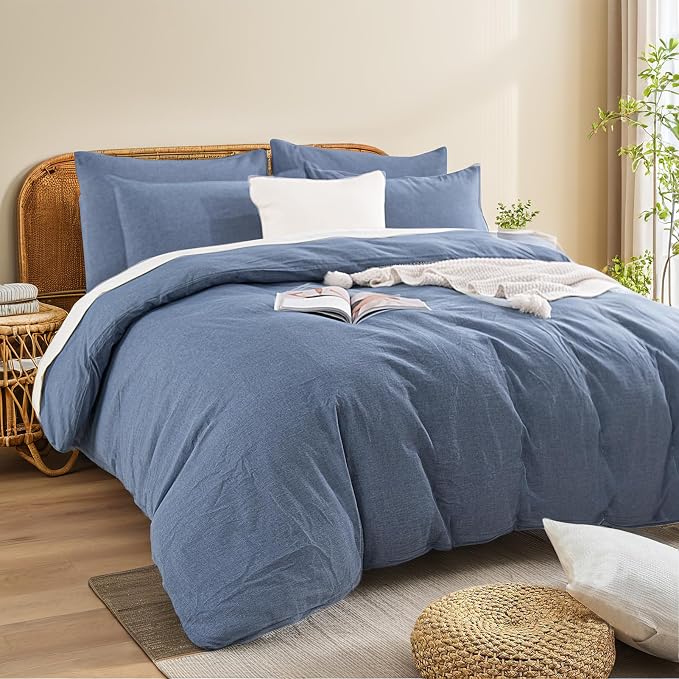 NEXHOME PRO Duvet Cover Twin 100% Washed Cotton, Heathered Blue Breathable, Durable, Textured, Linen Like, Home Bedding Set 68"x90"