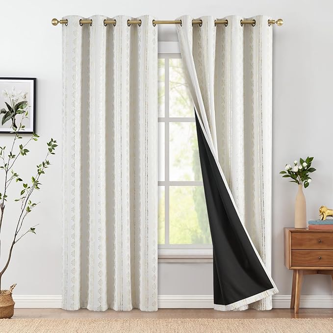 jinchan Boho Blackout Curtains 84 Inches Long for Bedroom Living Room | Gold on Off White Geometric Grommet Curtains Room Darkening Thermal Insulated Window Treatments 2 Panels