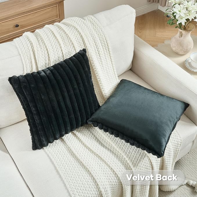 FUTEI Pack of 2 Faux Fur Throw Pillow Covers 16x16 Inch, Black | Fluffy Faux Rabbit Fur Front/Premium Velvet Back,Hidden Zipper,Machine Washable,Non-Shedding,Colorfast,Insert Not Included.