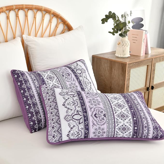 WONGS BEDDING Boho Quilt Queen Size,3 Pcs Purple Bedspread Bedding Set | Colorful Bohemian Striped Printed Bedding for All Season, Lightweight Microfiber Coverlet Set with 2 Pillowcases(96"x90")