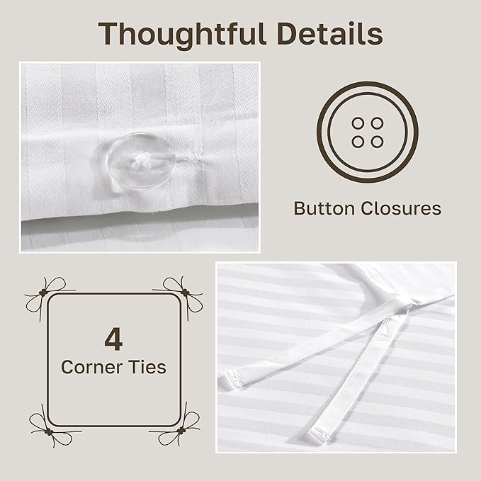 California Design Den Luxury Duvet Cover Set Queen, Striped White | Soft 400 Thread Count 100% Cotton Sateen Backed by GH Seal, Duvet Cover & Pillow Sham 3 Pc Set, Button Closure & Corner Ties