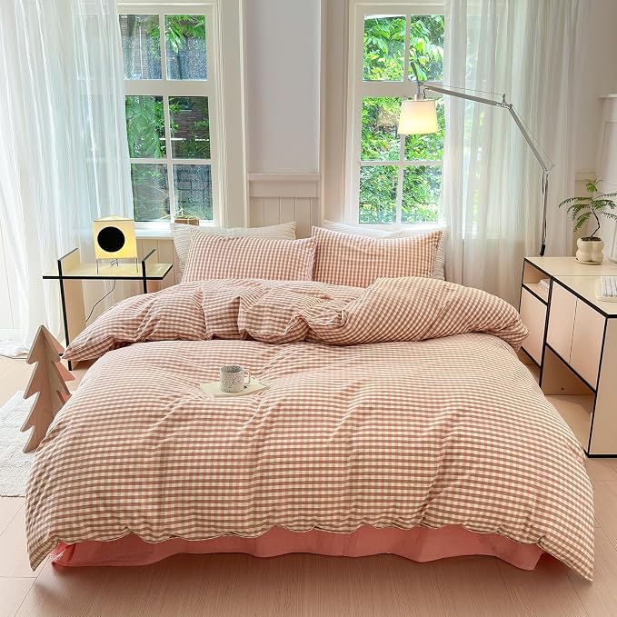 LifeTB Pink Gingham Comforter Set Full Modern Style Pink Plaid Comforter Set 3 Pieces Grid Checkered Pattern Comforter with 2 Pillowcases Fluffy Boho Farmhouse Gingham Bedding Comforter Full