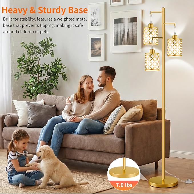 72" Dimmable Floor Lamp with Remote & Timer, Modern Light Luxury Standing Lamp for Living Room Bedroom, 3 Individually Controlled Heads, 2 Height Options, 3x 1100LM LED Bulbs Included -Gold