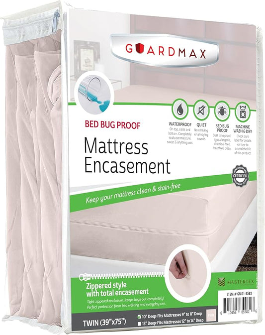 Guardmax Twin Mattress Encasement with Zipper, Waterproof, Bed Bug Proof, and Dust Mite Proof Mattress Protector for Twin Size Bed up to 10" Deep, Zippered All Around Jersey Knitted Mattress Cover