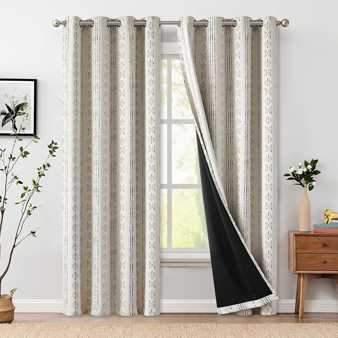 jinchan Boho Blackout Curtains 108 Inches Long for Bedroom Living Room | Black on Beige Geometric Grommet Curtains Room Darkening Thermal Insulated Window Treatments 2 Panels