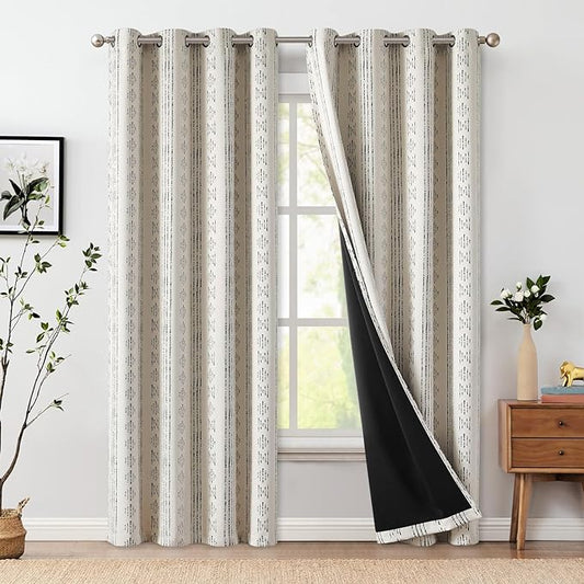 jinchan Boho Blackout Curtains 84 Inches Long for Bedroom Living Room | Black on Beige Geometric Grommet Curtains Room Darkening Thermal Insulated Window Treatments 2 Panels