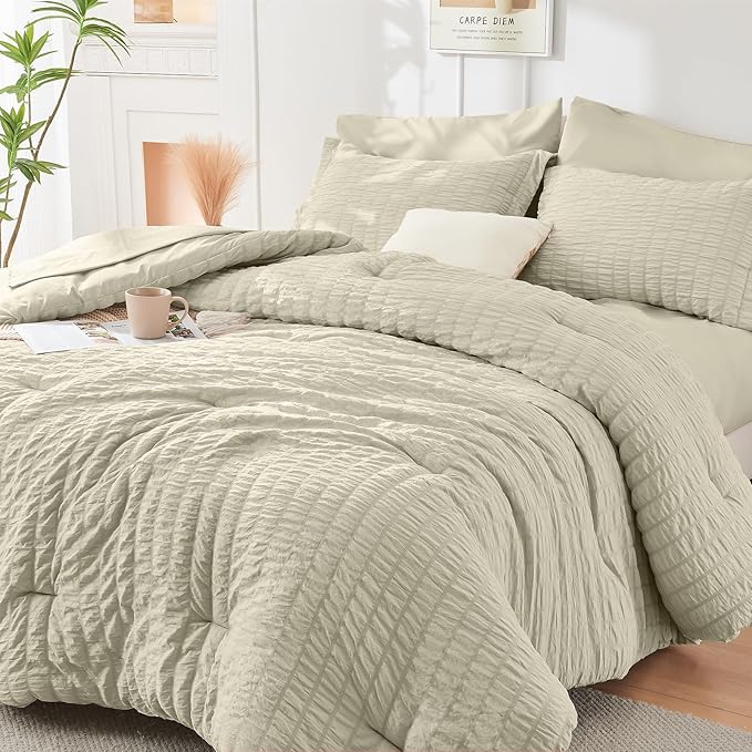 HYMOKEGE Light Linen King Size Comforter Set Seersucker 7 Pieces, All Season Luxury Bed in a Bag for Bedroom, Bedding Set with Comforter, Sheets, Pillowcases & Shams