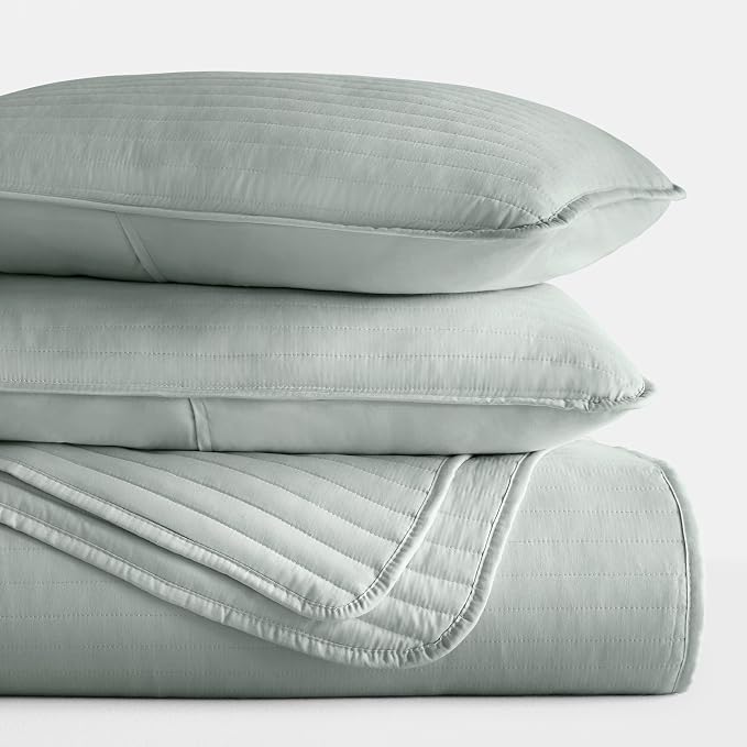 Merit Linens Modern Quilt Coverlet Soft Set in Stripe Stitching - Full/Queen Eucalyptus