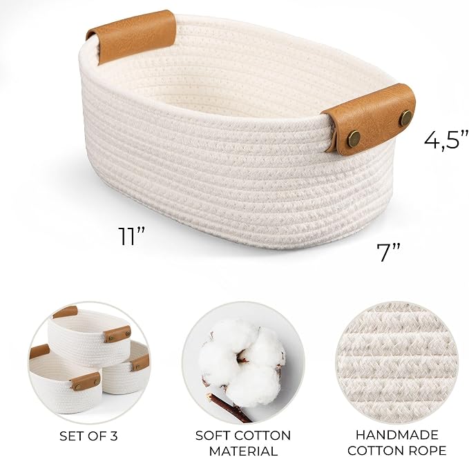 Beautiful Storage Basket Set of 3 - Sturdy Rope Baskets for Shelves | Perfect for Organizing Your Home - Quality Storage Bins Easily Fit with Any Nursery or Bedroom Decor