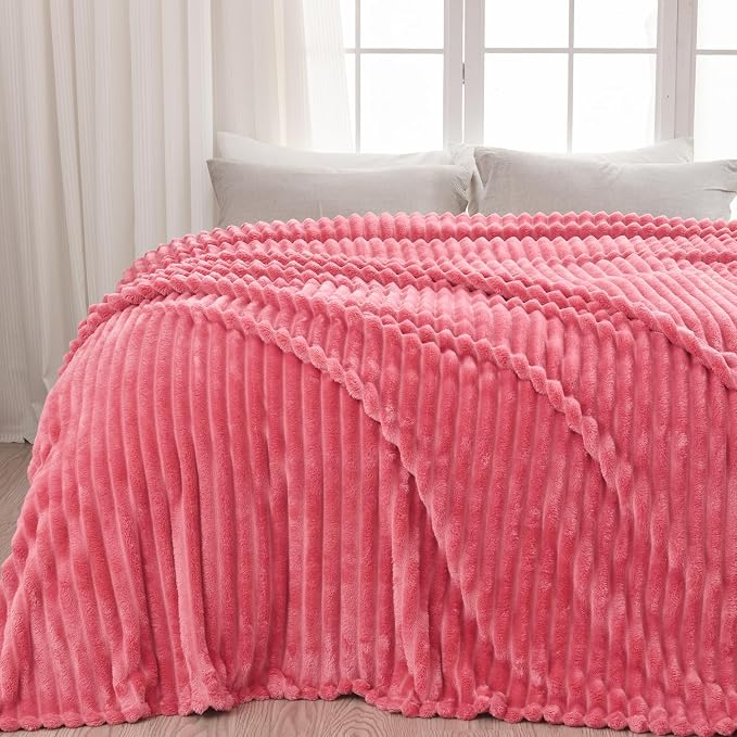 NEWCOSPLAY Fleece Ribbed Cozy Twin Blanket for Couch, Coral Pink, 60"x80" | Premium Silky Flannel Blanket, Soft Lightweight Fluffy Throw Blanket for Bed Sofa Decor, Gift for All Season Use