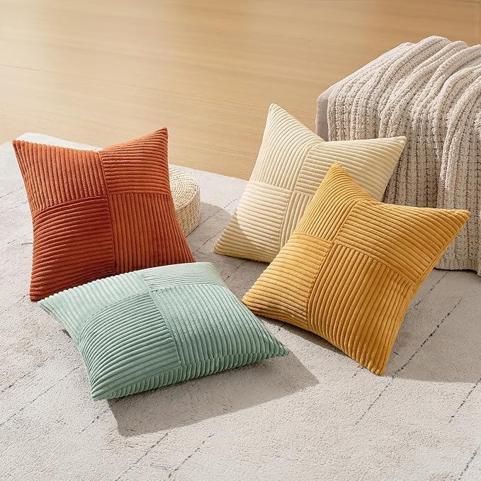 MIULEE Fall Teal-Orange Decorative Throw Pillow Covers 20x20 Inch Set of 4 Boho Corduroy Striped Cushion Cases Modern Farmhouse Patchwork Pillow Cases for Couch Sofa Bedroom Home Decor