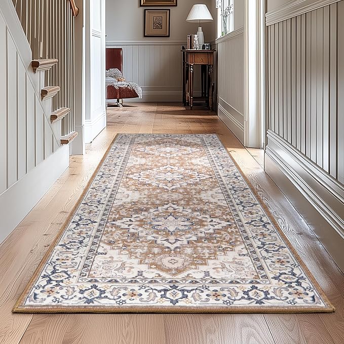 Runner Rug 2.6 x 8 for Hallway, Washable Entryway Rugs Brown Beige | Boho Faux Wool Low Pile Long Rug for Kitchen Bedroom, Floral Medallion Vintage Carpets with Non-Slip Rubber, Kid Pet Friendly