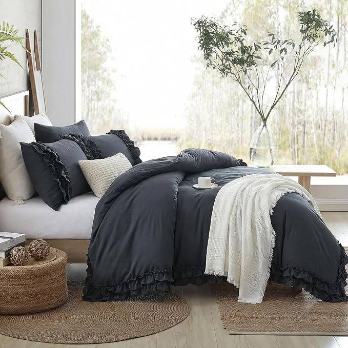 Bedorm Navy Ruffle Duvet Cover Vintage King Bedding Set Navy Blue Lace Fringe Ruffled Bedroom Decor Shabby Chic Boho Comforter Cover with Pillowcases