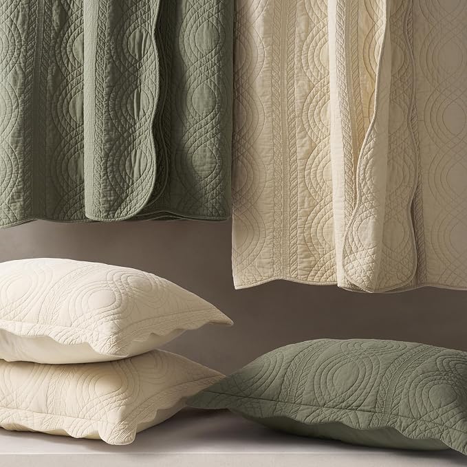 100% Cotton Scallop Quilt Set, Queen Size, Olive Green | Scalloped Border, Timeless Chic Aesthetic, All-Season Comfort, Perfect French Country Bedroom Decor, 3 Piece Set with 2 Shams