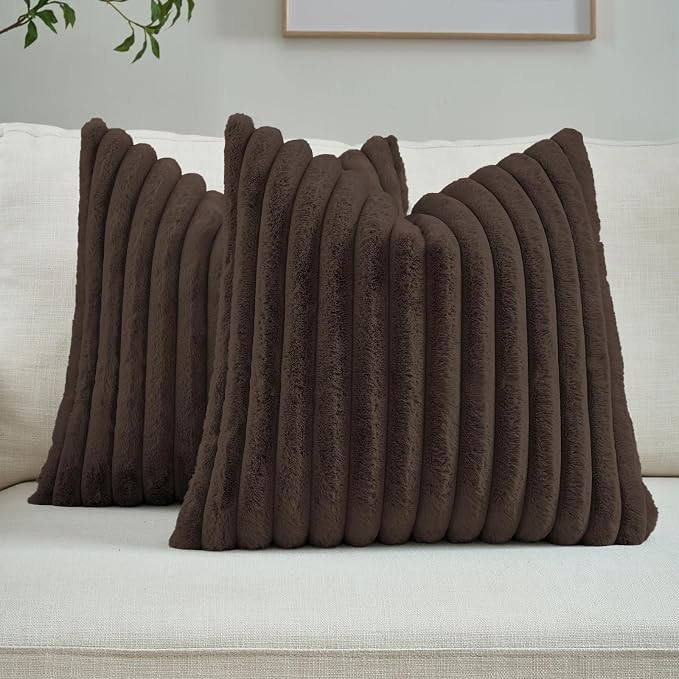 FUTEI Pack of 2 Faux Fur Throw Pillow Covers 28x28 Inch, Dark Coffee | Fluffy Faux Rabbit Fur Front/Premium Velvet Back,Hidden Zipper,Machine Washable,Non-Shedding,Colorfast,Insert Not Included.