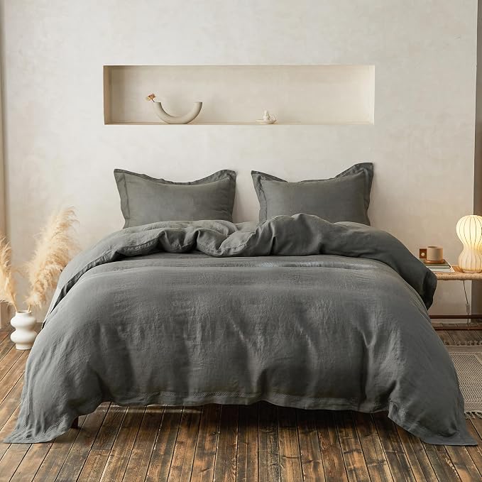 Simple&Opulence 100% Linen Duvet Cover Set with Crossed Embroidery Washed - 3 Pieces (1 Duvet Cover with 2 Pillow Shams) Soft Breathable Farmhouse -Cushing Green, King Size