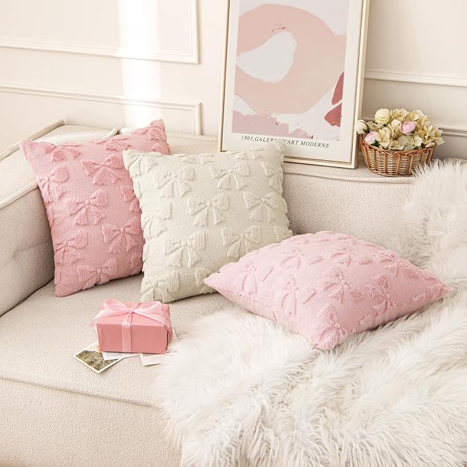 MIULEE Beige Bow Pillow Covers Coquette Room Decor 18x18 | Aesthetic Decorative Cute Girl,Set of 2 Cushion Covers,Soft Plush Faux Pillowcases,Preppy Room Decor Bedroom Couch