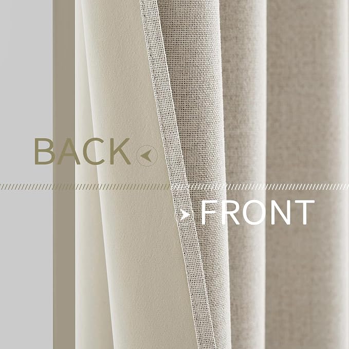 MIULEE 100% Blackout Linen Curtains for Bedroom 52x90 Inches Birch | Room Darkening, Light Blocking, Thermal Insulated, Grommet Top, Linen Textured, Window Curtains for Living Room, 2 Panels