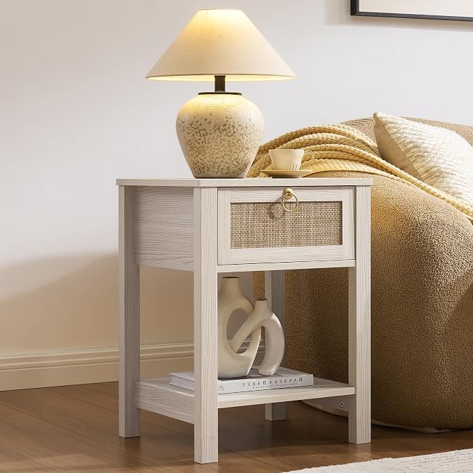 SICOTAS White Rattan Nightstand Set of 2 with Storage Shelf, Bedside Tables | Night Stand Set of 2 with Rattan Drawer, Boho End Tables with Storage for Bedroom, Guest Room, Apartment, and Small Spaces