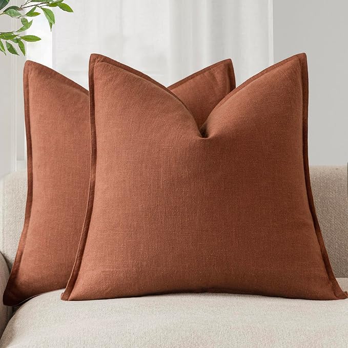 Foindtower Linen Solid Decorative Throw Pillow Cover 16x16 Inch Rust Orange | Pack of 2 Boho Farmhouse Morden Pillowcase,Accent Neutral Cushion Covers,Home Decor for Chair Couch Sofa Bedroom Living Room