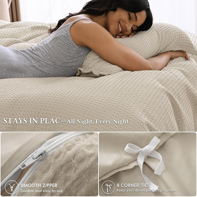 David's Home Textured Waffle Weave Duvet Cover Set, Queen Size, Natural | Breathable Cozy for All Season, 300GSM, 3PCS Home Bedding Decor, OEKO-TEX Certified, Hidden Zipper, 8 Corner Ties, 90" X 90"