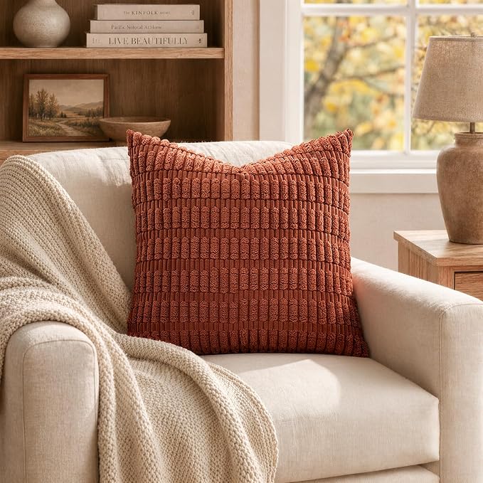 MIULEE Fall Corduroy Decorative Throw Pillow Covers 16x16 Rust Pack of 2 | Terracotta Soft Boho Striped Pillow Covers Modern Farmhouse Autumn Home Decor For Sofa Living Room Couch Bed