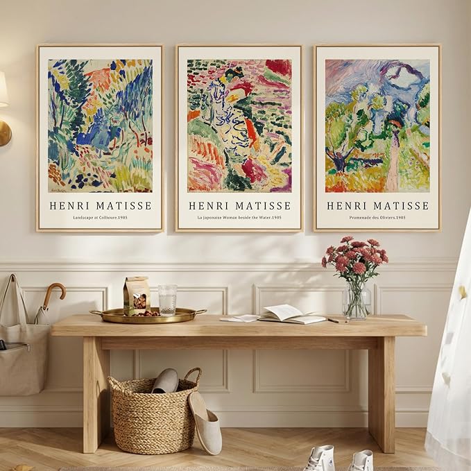 Large Framed Colorful Matisse Canvas Wall Art for Living Room, Set of 3 | Abstract landscape, Retro vintage, Fine art prints, 30x60 inch, Bedroom, Hallway, Home office decor