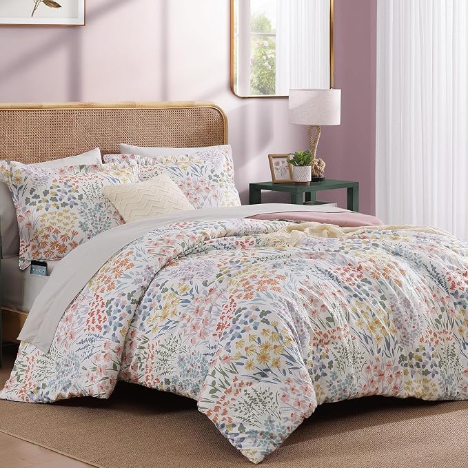 King Size Comforter Set - 7 Pieces Floral Bed in a Bag King Bedding Set | All Season Botanical Texture Flowers Comforter Set with Sheets, Pillowcases & Shams