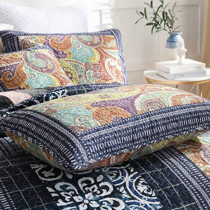 Cotton Patchwork Bedspread, 3-Piece Bedding Quilt Set with Real Stitched Embroidery, Reversible Matelasse Bed Coverlet Set,Vintage Flowery Grid,Queen Size