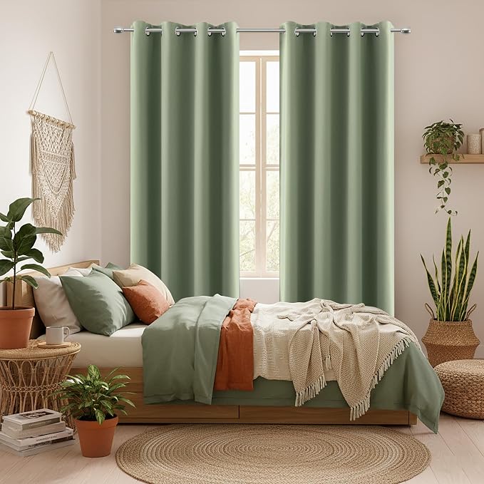 KOUFALL Nursery Curtains Boy Blackout, Sage Green Boho Woodland Theme Room Darkening Thermal Insulated Curtain Drapes for Bedroom Living Room,Wide 52 x 90 Inch Long, 2 Panel Set