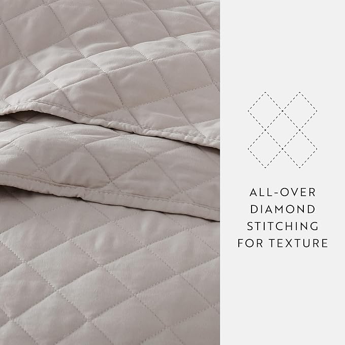 Merit Linens Modern Quilt Coverlet Soft Set in Diamond Stitching - Twin/TwinXL Latte