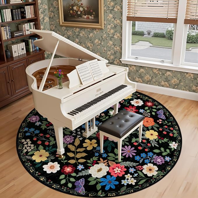 PLHXFR Round Area Rug Living Room: 8 ft Floral Washable Soft Carpet Black | For Bedroom Dining Room Farmhouse Nursery Hallway,Vintage Floral,Machine washable,Non Slip,Stain Resistant,Large Indoor