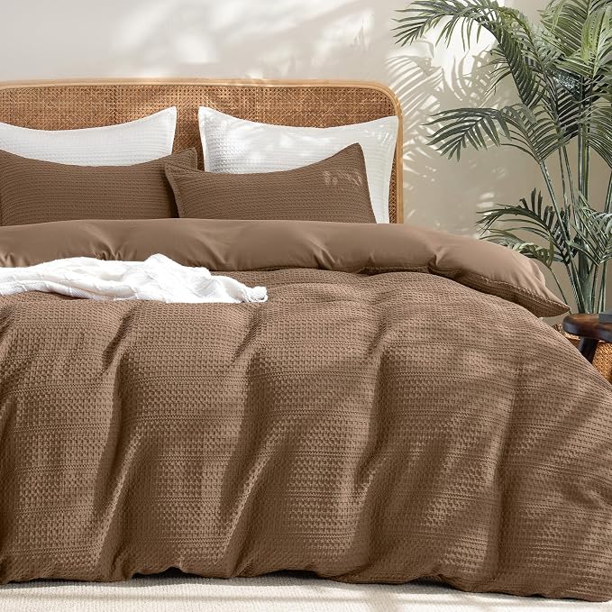 PHF Soft Waffle Duvet Cover Queen Size- Durable Breathable Waffle Weave Duvet Cover(90"x90") with 2 Pillow Shams, 3 Pieces Luxury Textured Bedding Set for All Season, Mocha