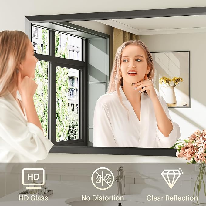 Black Metal Framed Bathroom Wall Mirror, 48x30 Inch | Anti-rust, HD tempered glass, for bathroom vanity, bedroom, living room, horizontal or vertical mount