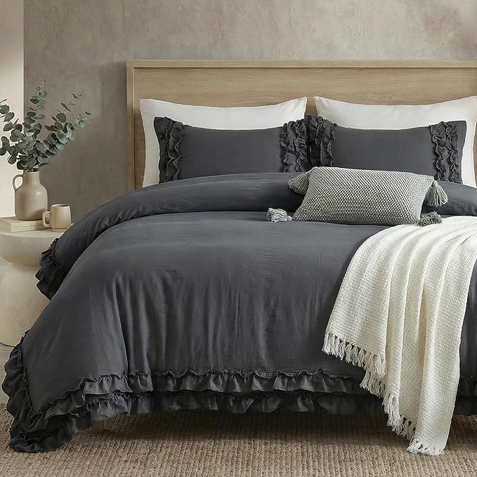 Dark Grey Ruffled Duvet Cover Queen Boho Bedding Set Gary Ruffle Fringe Shabby Chic Bedding Super Soft Cozy Farmhouse Duvet Cover Set for All Season