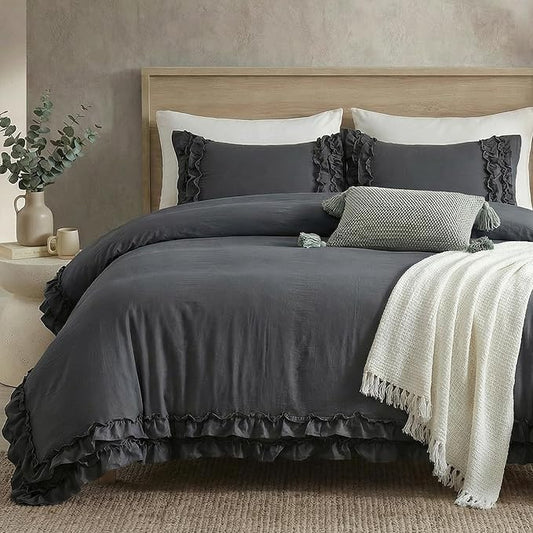 Dark Grey Ruffled Duvet Cover Queen Boho Bedding Set Gary Ruffle Fringe Shabby Chic Bedding Super Soft Cozy Farmhouse Duvet Cover Set for All Season