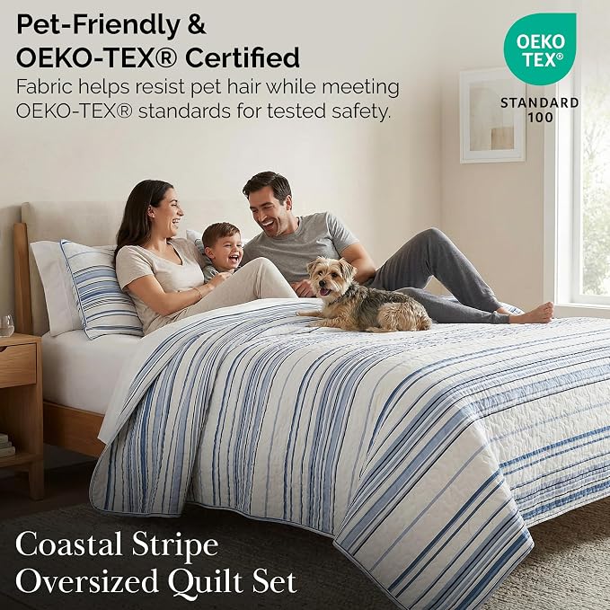 Southshore Fine Living, Inc. Twin XL Quilt Bedding Set, Dorm Bedding Essentials, Stain Resistant, Hotel Quality Striped Bedspread, Twin XL Coverlet Set w/Quilted Pillow Sham, Blue Striped Quilts