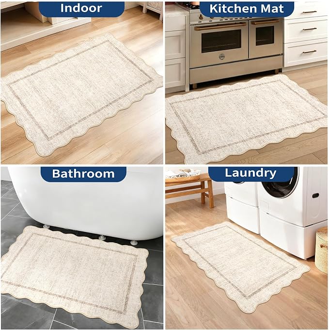 GarveeHome Scalloped Washable Rug 2x3 Kitchen Rugs for Entryway, Beige | Soft Door Mat Indoor Entrance Ultra-Thin, Small Non-Slip Throw Carpet for Bathroom Bedroom Entry Laundry, Beige