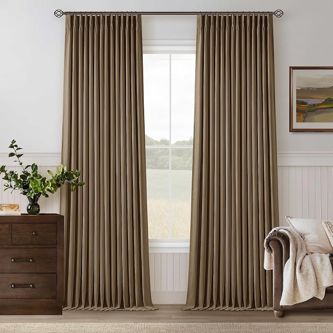 Dutch Cocoa Pleated Linen Blackout Curtains 102 Inches Long for Bedroom | 100% Black Out Thermal Insulated, Pinch Pleat with Rings Hooks, Room Darkening Drapes with Liner, for Living Room W40xL102