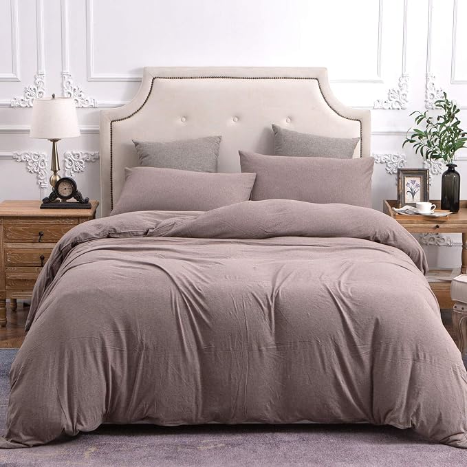PURE ERA Jersey Knit Sheet Set Heather Brown Queen | 100% Cotton, 3 Piece Set, T Shirt Soft, Breathable, Envelope Closure Pillowcases, Hidden Zipper, 8 Ties, No Insert, Modern
